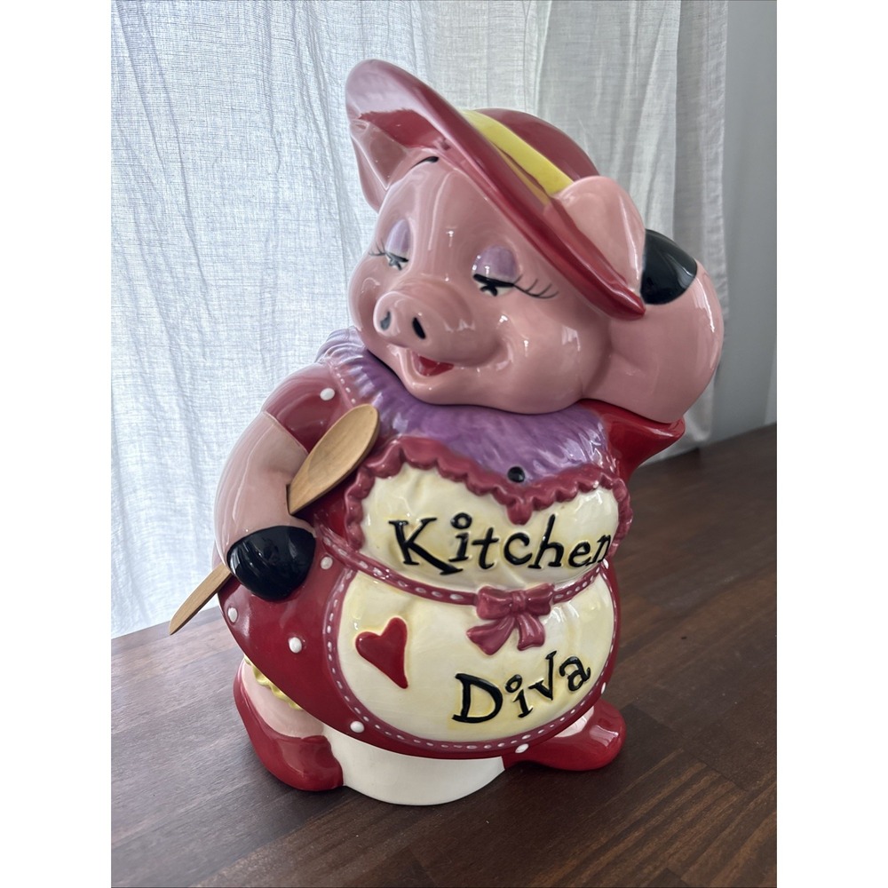 Vintage Mercuries Ceramic Kitchen Diva Red Hat Society Pig Cookie Jar With Spoon